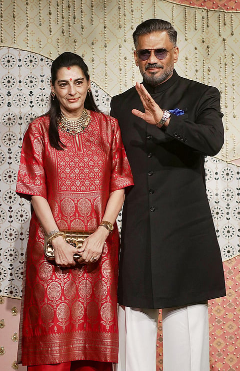 Bollywood actor Suniel Shetty along with his wife during ‘Ganesh Chaturthi’ celebrations at the residence of Reliance Industries Chairman Mukesh Ambani, in Mumbai, Maharashtra.