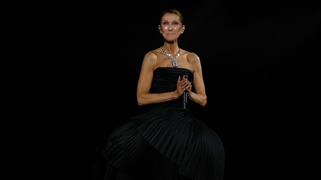 Singer Celine Dion performs during the opening concert of her "Celine Dion Paris 2026" residency at the Plenitude Arena in Nanterre, France, outside Paris, Saturday, Sept. 12, 2026 -  (AP Photo/Aurelien Morissard)