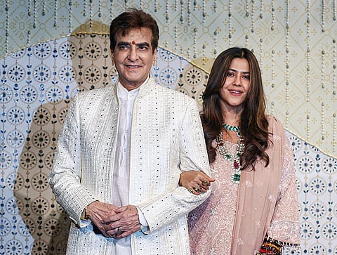 Bollywood actor Jeetendra along with film and TV producer and his daughter Ekta Kapoor during ‘Ganesh Chaturthi’ celebrations at the residence of Reliance Industries Chairman Mukesh Ambani, in Mumbai, Maharashtra.