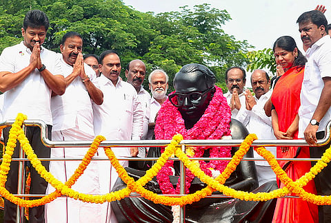 LoP in the Tamil Nadu Assembly and DMK leader Udhayanidhi Stalin along with DMK MPs Kanimozhi, A Raja, and other party leaders during the tribute paying ceremony at the statue of former state CM and party founder CN Annadurai on the latter’s birth anniversary, in Chennai.