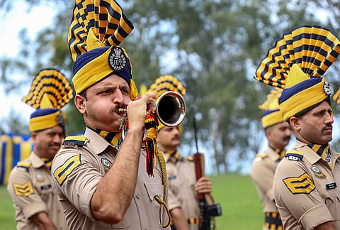 Police personnel during the 27th Raising Day of the 2nd India Reserve Battalion (IRBn) at Sakoh, in Dharamshala, Himachal Pradesh.