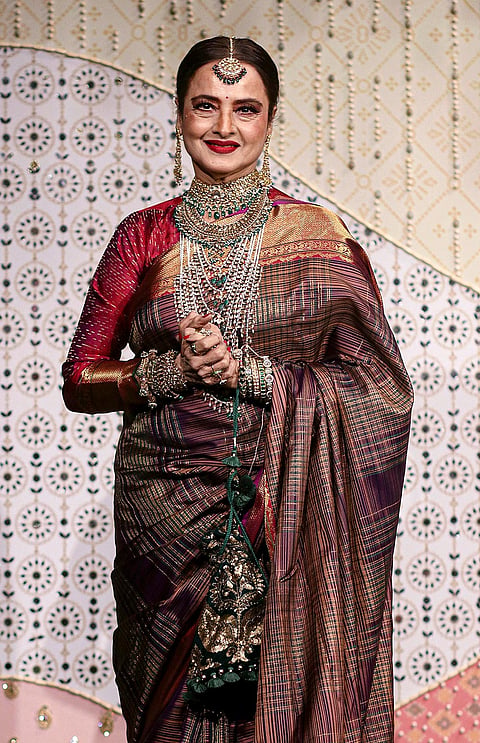 Bollywood actor Rekha during ‘Ganesh Chaturthi’ celebrations at the residence of Reliance Industries Chairman Mukesh Ambani, in Mumbai, Maharashtra.