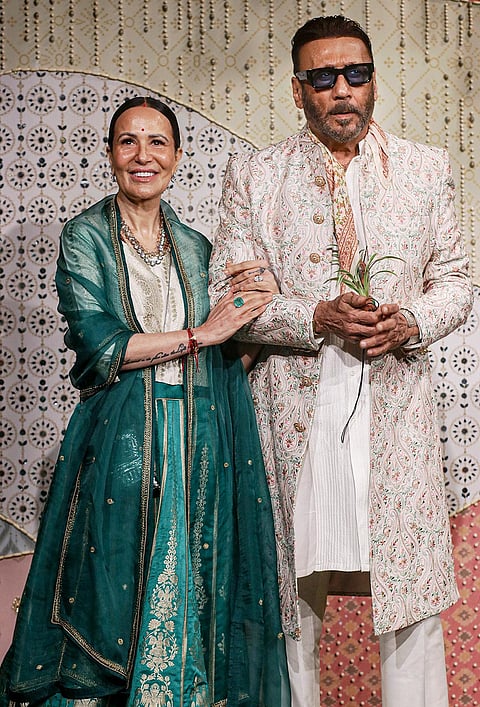 Bollywood actor Jackie Shroff along with his wife during ‘Ganesh Chaturthi’ celebrations at the residence of Reliance Industries Chairman Mukesh Ambani, in Mumbai, Maharashtra.