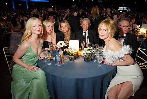 Elle Fanning, left, Dakota Fanning, Michelle Pfeiffer, David E. Kelley, and Nicole Kidman at the Television Academy's 78th Emmy Awards telecast at the Peacock Theater at L.A. LIVE on Monday, Sept. 14, 2026 in Los Angeles.