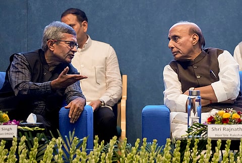 Defence Minister Rajnath Singh, and others, during the 'VIMARSH 2026' event at Dr. D.S. Kothari Auditorium, DRDO Bhawan, in New Delhi.