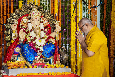 In this image posted on Sept. 14, 2026, Vice President CP Radhakrishnan offers prayers during the ‘Ganesh Chaturthi’ festival, at Maharashtra Sadan, New Delhi.