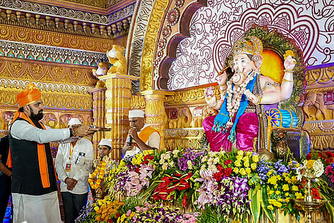 Bihar Chief Minister Samrat Choudhary offers prayers to Lord Ganesha on the occasion of the Ganesh Chaturthi festival, in Patna, Bihar.
