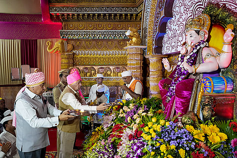 Bihar Governor Lt Gen Syed Ata Hasnain (Retd.) offers prayers to an idol of Lord Ganesh during the ‘Ganesh Chaturthi’ festival, in Patna.