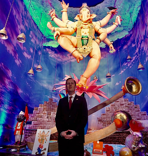 In this image received on Sept. 14, 2026, Ambassador of the United States to India, Sergio Gor, poses for a photograph during his visit to Mumbai Cha Raja and Lalbaugcha Raja on ‘Ganesh Chaturthi’ festival, in Mumbai, Maharashtra.