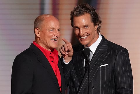 Woody Harrelson, left, and Matthew McConaughey present the award for outstanding comedy series during the 78th Emmy Awards on Monday, Sept. 14, 2026, at the Peacock Theater in Los Angeles. 