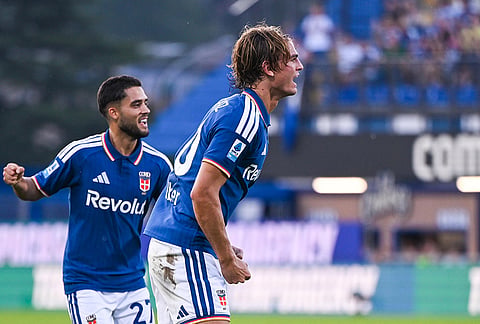 Como's Nico Paz celebrates after scoring the opening goal during the Serie A soccer match between Como Calcio and Parma Calcio 1913 in Como, Italy, Monday, Sept. 14, 2026. 