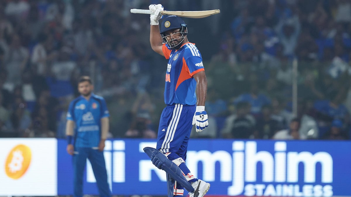 Sanju Samson celebrates after scoring half-century in IND vs AFG 2nd T20I.  - bcci/X