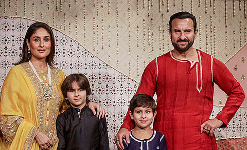 Bollywood actors Kareena Kapoor Khan and Saif Ali Khan along with their children during ‘Ganesh Chaturthi’ celebrations at the residence of Reliance Industries Chairman Mukesh Ambani, in Mumbai, Maharashtra.