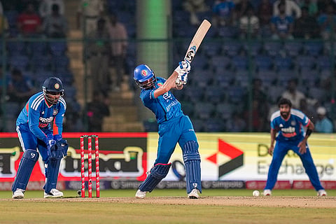 Afghanistan's captain Ibrahim Zadran plays a shot during the second T20I cricket match of the between India and Afghanistan, in New Delhi.
