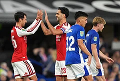 Arsenal's Mikel Merino, centre, celebrates scoring their side's fourth goal during the League Cup third round soccer match between Ipswich Town and Arsenal in Ipswich, England, Tuesday, Sept. 15, 2026. - | Photo: Joe Giddens/PA via AP