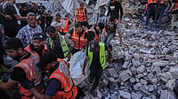 | Photo: AP/Jehad Alshrafi : Palestinian civil defense crews carry a body from the rubble of a collapsed building that housed displaced Palestinians and was heavily damaged during the Israel-Hamas war, in Gaza City, Wednesday, Sept. 16, 2026. 