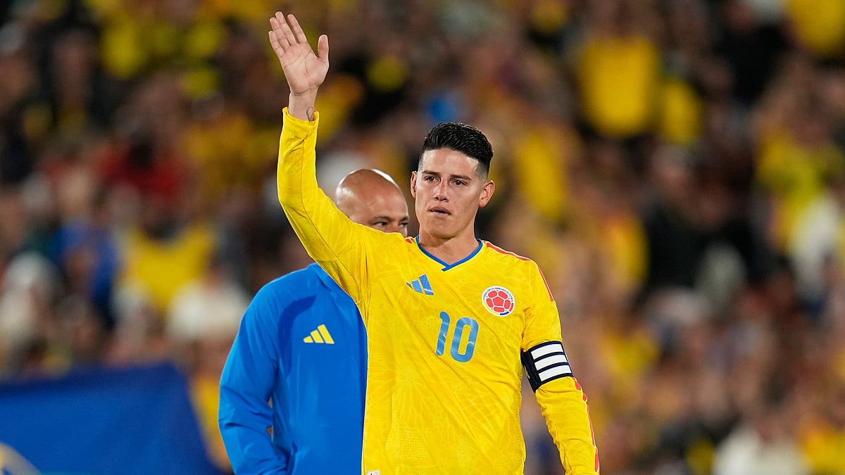 FILE - Colombia's James Rodriguez celebrates after defeating Costa Rica at the end of a friendly soccer match in Bogota, Colombia, Monday, June 1, 2026. - (AP Photo/Fernando Vergara, File)