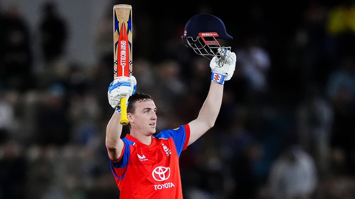 England's Harry Brook celebrates his century during the first IT20 match between England and Sri Lanka in Southampton, England, Tuesday Sept. 15, 2026 - (John Walton/PA via AP)