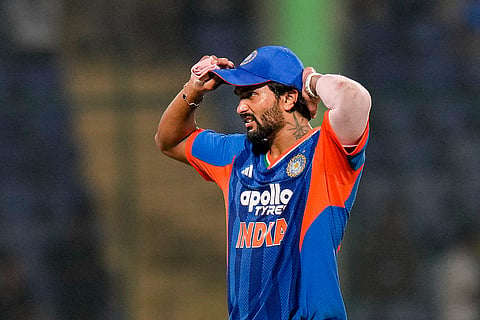 India's Nitish Kumar Reddy during the second T20I cricket match of the between India and Afghanistan, in New Delhi.