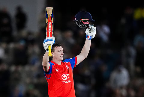 England's Harry Brook celebrates his century during the first IT20 match between England and Sri Lanka in Southampton, England, Tuesday Sept. 15, 2026. 