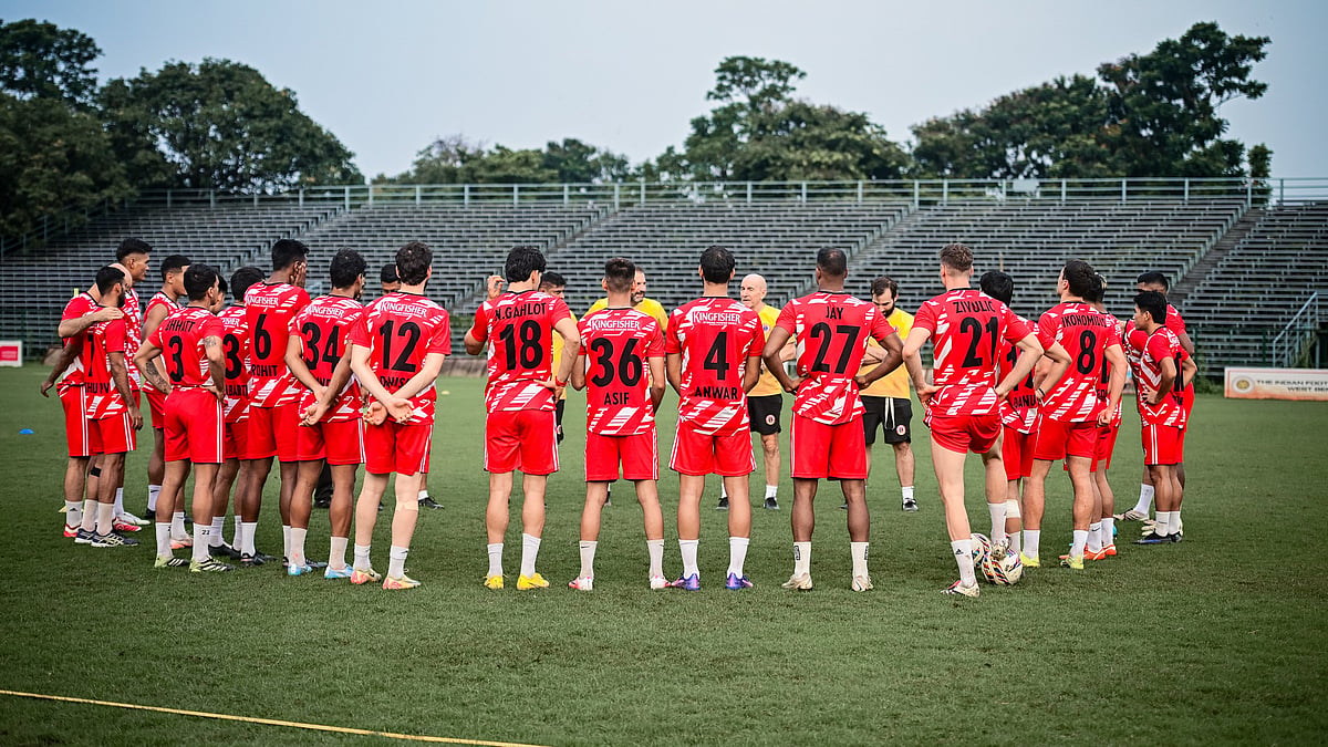 East Bengal footballers in training ahead of ACL Two clash against Al Hussain.  - eastbengal_fc/X