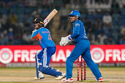 India's Abhishek Sharma plays a shot during the second T20I cricket match between India and Afghanistan, in New Delhi.