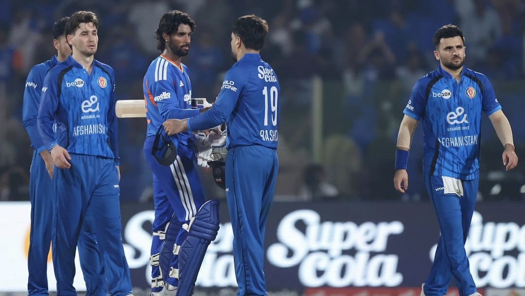 Tilak Verma Shakes Hand With Rashid Khan after victory in 2nd T20I at Arun Jaitley Stadium, Delhi - Photo- BCCI/X