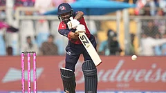 Nepal's Dipendra Singh Airee plays a shot during the T20 World Cup cricket match between Italy and Nepal in Mumbai, India. - | Photo: AP/Rafiq Maqbool