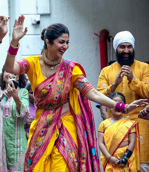 Bollywood actor Shilpa Shetty and her husband Raj Kundra during the immersion ceremony of Lord Ganesh on the second day of the Ganesh Chaturthi festival, in Mumbai.