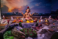 In Photos | Ganesha Chaturthi Celebrations In Mumbai, From Eco-Idols To Themed Pandals | Photo: PTI/Kunal Patil : An eco-friendly 'Ganesh' decoration themed 'Aamhi Pan Mumbaikar' (We Too Are Mumbaikars), created using recycled paper and coconut shells to highlight Mumbai's intertidal marine biodiversity, features an idol crafted from eco-friendly 'shadu' clay, in Mumbai, Maharashtra, Wednesday, Sept. 16, 2026.