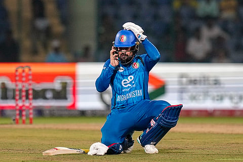 Afghanistan's Rashid Khan during the second T20I cricket match between India and Afghanistan, in New Delhi.