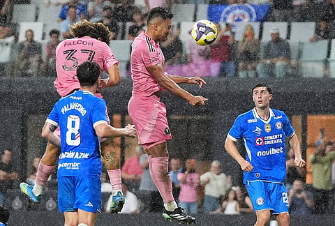 Inter Miami midfielder Casemiro, center, scores a goal during the second half of the Campeones Cup soccer match against Cruz Azul, Wednesday, Sept. 16, 2026, in Miami. 