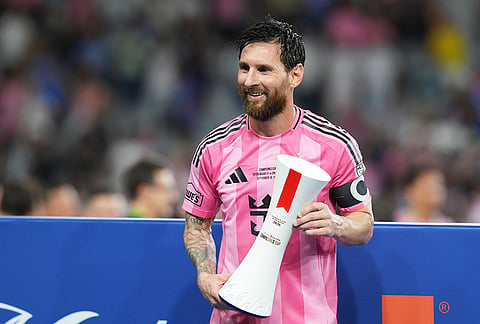 Inter Miami's Lionel Messi holds the Superior Player of the Match trophy after Inter Miami defeated Cruz Azul in the Campeones Cup soccer match, Wednesday, Sept. 16, 2026, in Miami. 