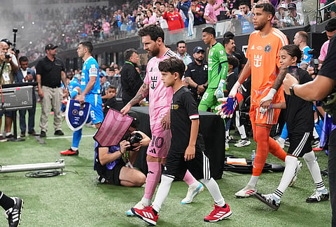 Inter Miami forward Lionel Messi (10) walks onto the field before the Campeones Cup soccer match against Cruz Azul, Wednesday, Sept. 16, 2026, in Miami.