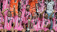 Lionel Messi Hits 100th Inter Miami Goal, Lifts 48th Career Trophy After Campeones Cup Win (AP Photo/Lynne Sladky) : Inter Miami forward Lionel Messi, center, celebrates with his teammates after winning the Campeones Cup soccer match against Cruz Azul, Wednesday, Sept. 16, 2026, in Miami