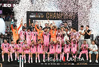 Lionel Messi Scores 100th Goal As Inter Miami Win Campeones Cup | Photo: AP/Lynne Sladky : Inter Miami's Lionel Messi, center, celebrates with his teammates after defeating Cruz Azul in the Campeones Cup soccer match, Wednesday, Sept. 16, 2026, in Miami.