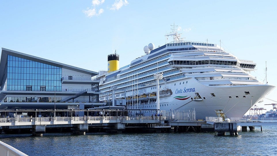 The Italian cruise ship, the Costa Serena, that will house up to 5,000 officials and athletes for the Asian Games. - Kyodo News via AP