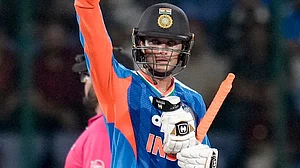 | Photo: PTI/Money Sharma : India's Abhishek Sharma celebrates his half century during the first T20I cricket match between India and Afghanistan, in New Delhi, Sunday, Sept. 13, 2026.