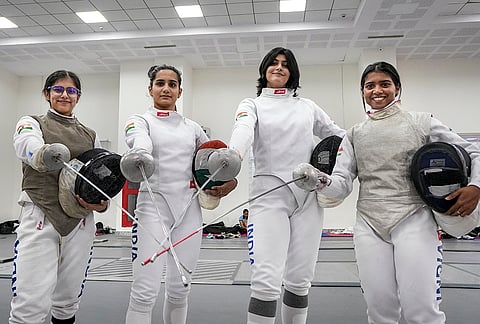 Fencers Kanupriya Chawla, left, Taniksha Khatri, second left, Prachi Lohan, second right, and Joys Ashitha Stalinraj, right, pose for a photograph during an interactive session with the media ahead of the Asian Games 2026 at Aichi-Nagoya, Japan, at Netaji Subhas National Institute of Sports (NSNIS), in Patiala, Punjab, Thursday, Sept. 3, 2026. 
