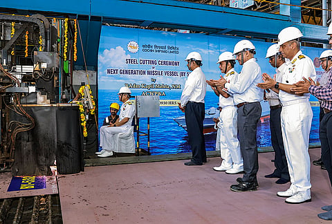 Commodore Kapil Mehta along with Navy and CSL personnel during the 'Steel Cutting' ceremony of the second ship of the Next Generation Missile Vessel (NGMV) project, held at Cochin Shipyard Limited (CSL), in Kochi. 