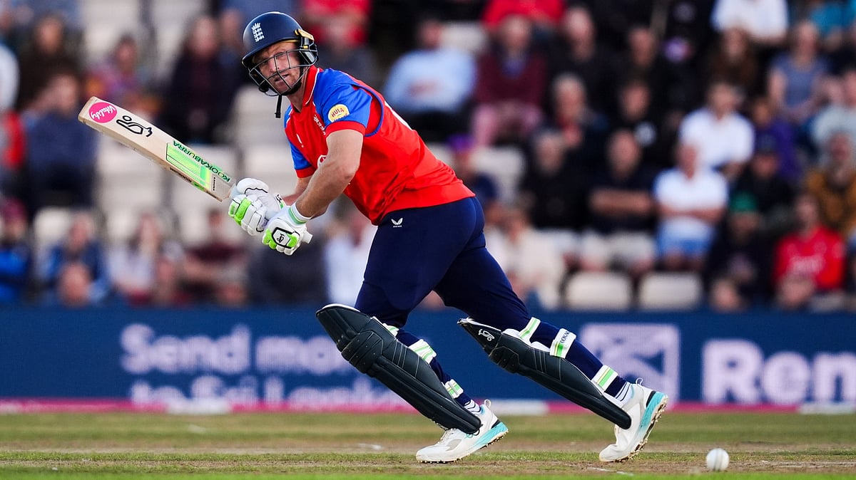 (John Walton/PA via AP) : England's Jos Buttler in action during the first IT20 match between England and Sri Lanka in Southampton, England, Tuesday Sept. 15, 2026