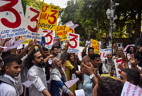Students representing various groups campaign for their candidates ahead of the 'Delhi University Students' Union' ('DUSU') elections, in New Delhi, Wednesday, Sept. 16, 2026. 
