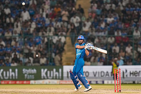 Afghanistan's captain Ibrahim Zadran plays a shot during the third and final T20I cricket match between India and Afghanistan, in New Delhi.