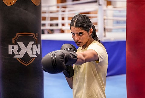 Boxer Sakshi Chaudhary during an interactive session with the media ahead of the Asian Games 2026, at Netaji Subhas National Institute of Sports (NSNIS), in Patiala, Punjab, Thursday, Sept. 3, 2026. 