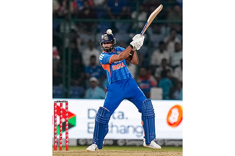 India's captain Shreyas Iyer plays a shot during the third and final T20I cricket match between India and Afghanistan, in New Delhi.