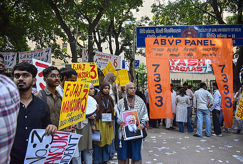 Students representing various groups campaign for their candidates ahead of the 'Delhi University Students' Union' ('DUSU') elections, in New Delhi, Wednesday, Sept. 16, 2026. 
