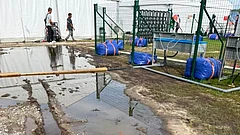 Standing water was spotted near one boundary line at Korogi Sports Park. - IANS/X