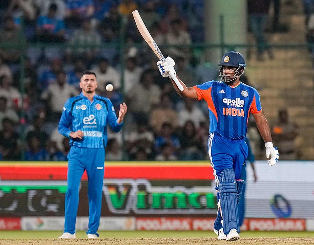 Sanju Samson reacts after his half century