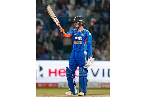 India's Abhishek Sharma reacts after his half century during the third and final T20I cricket match between India and Afghanistan, in New Delhi.