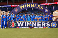 IND vs AFG: 3rd T20I | Photo: PTI/Money Sharma : New Delhi: India's captain Shreyas Iyer and others along with Afghanistan's captain Ibrahim Zadran pose for photographs with the trophy after winning a T20I cricket series against Afghanistan, in New Delhi.